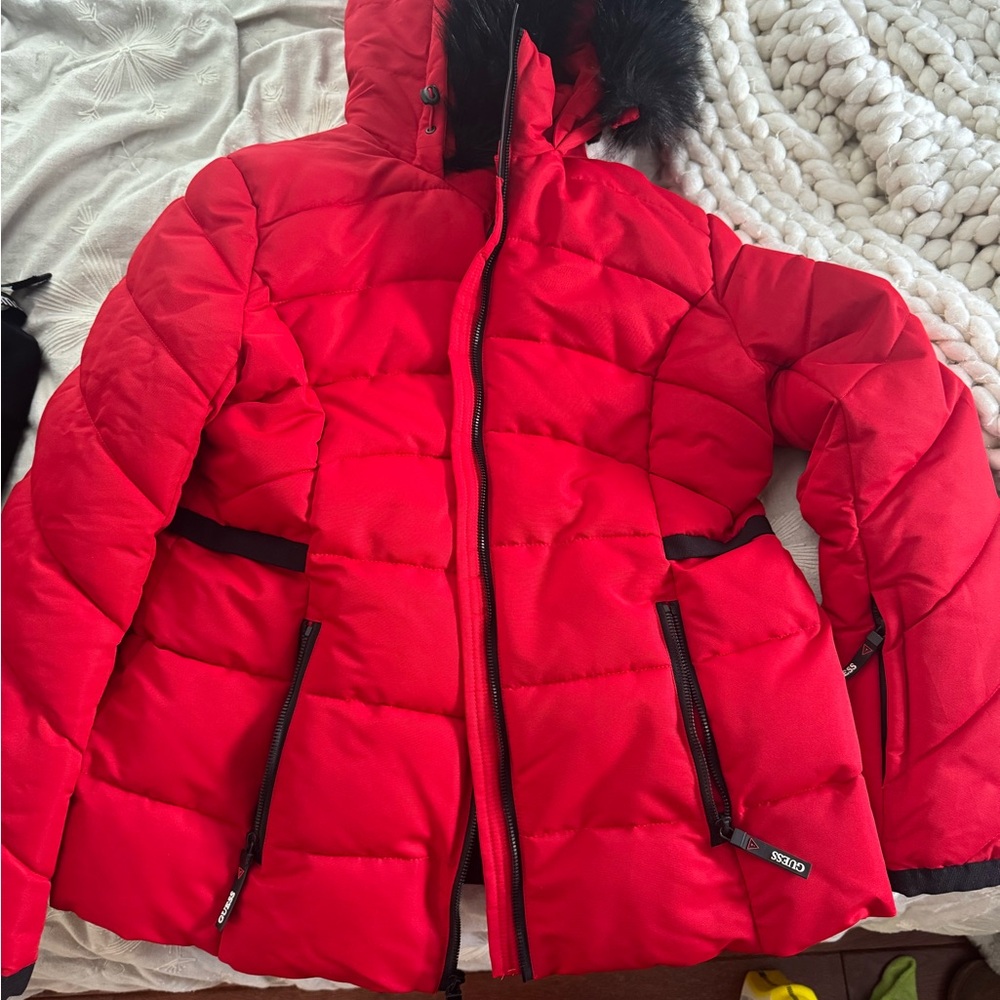Guess Red Puffer Jacket with Black Accents